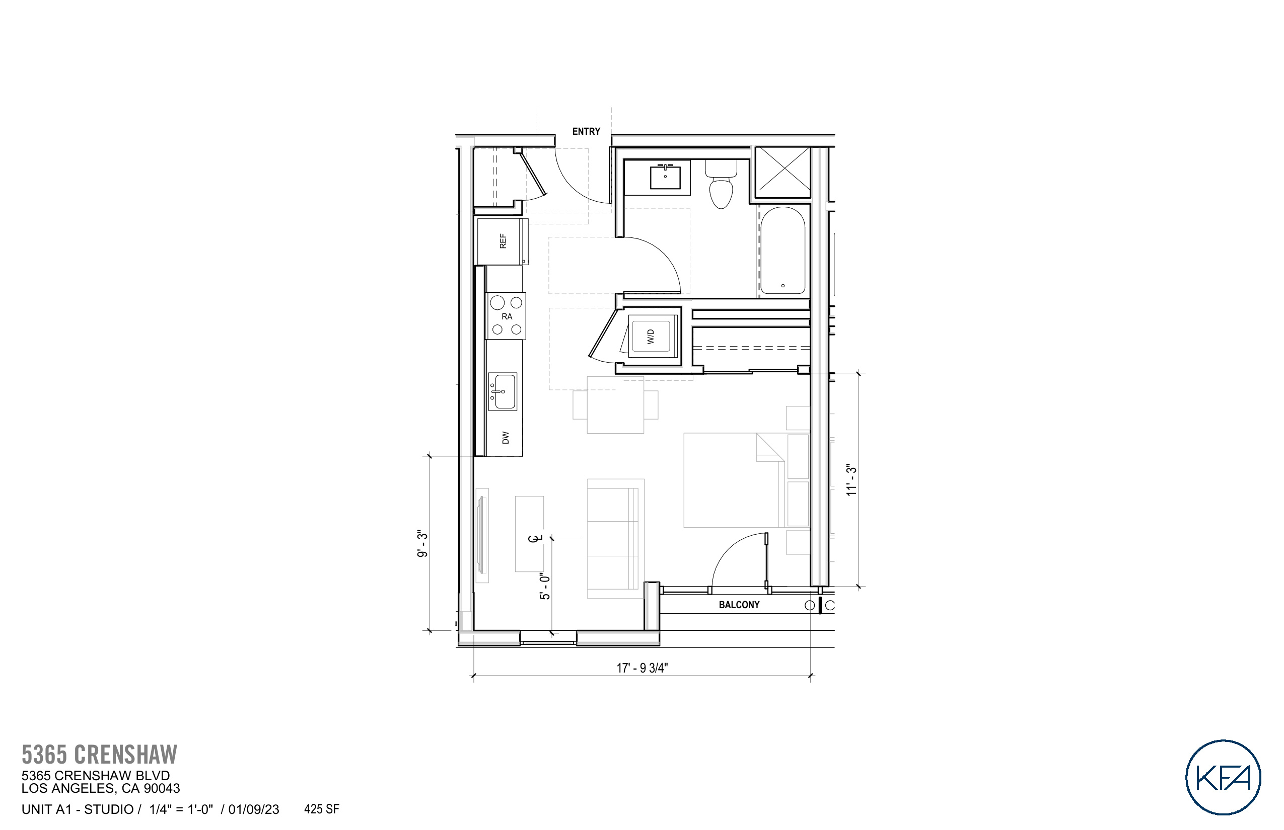 Plan A1 — Studio, 425 SF floor plan