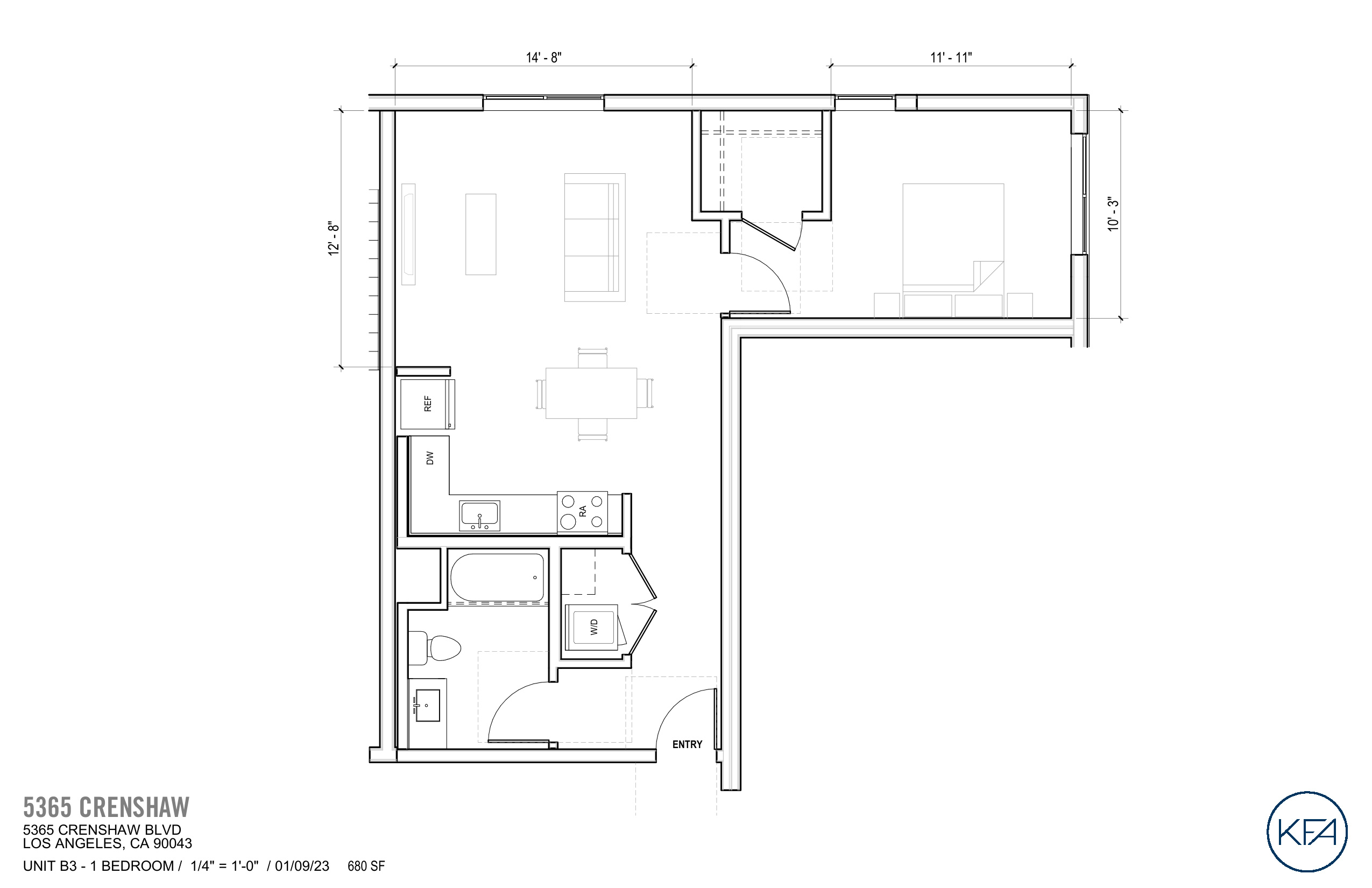 Plan B3 — 1 Bedroom, 680 SF floor plan