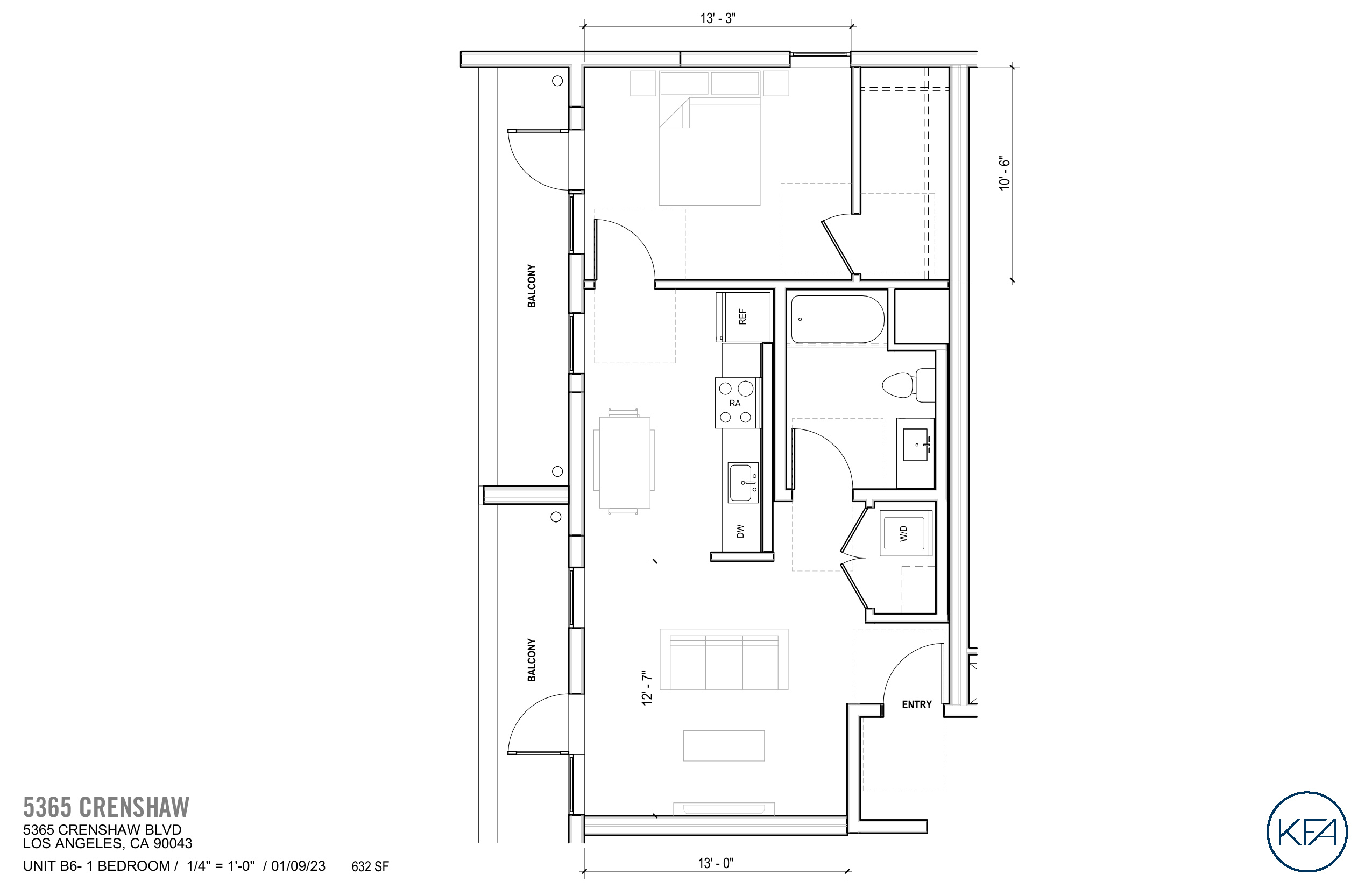 Plan B6 — 1 Bedroom Dual Balcony, 632 SF floor plan